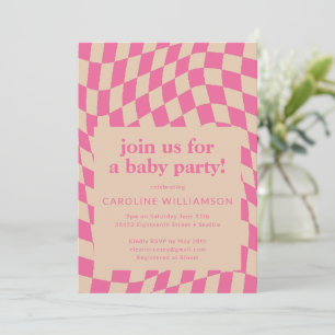 Retro Roze Abstract Checkerboard Baby shower Kaart
