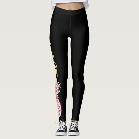 Retro Roze Aloha Ananas Leggings (Voorkant)