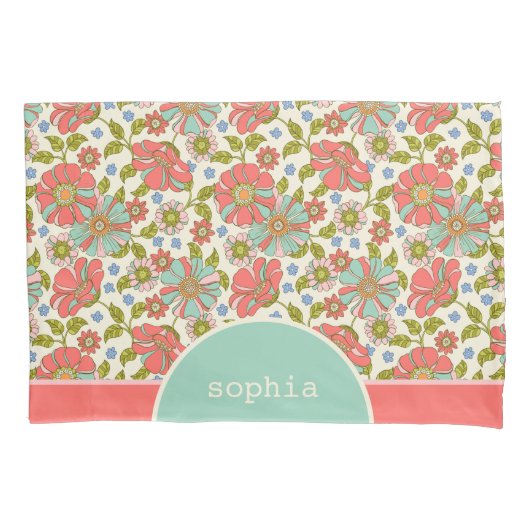 Retro Roze & Aqua Bloemen gepersonaliseerd Kussensloop (Voorkant)