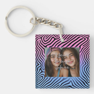 Retro Roze Blauw Gradient Zebra Stripe Foto Lijst Sleutelhanger