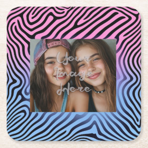 Retro Roze Blauw Gradient Zebra Stripe Foto Lijst Vierkante Kartonnen Onderzetter