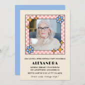 Retro Roze Blauwe Bloemen Foto 99ste verjaardag Kaart (Voorkant / Achterkant)