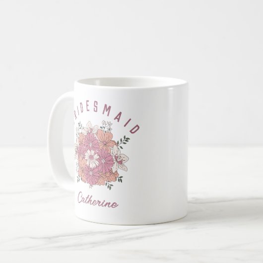 Retro Roze Bloem Aangepaste Naam Bruidsmeisje Mok (Voorkant links)