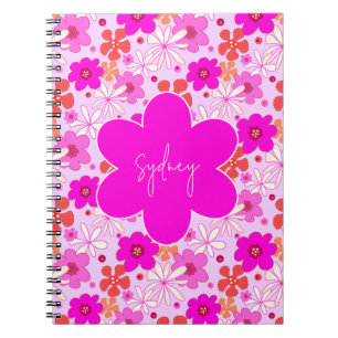 Retro Roze Bloem Kunst Naadloos Patroon Tiener Notitieboek