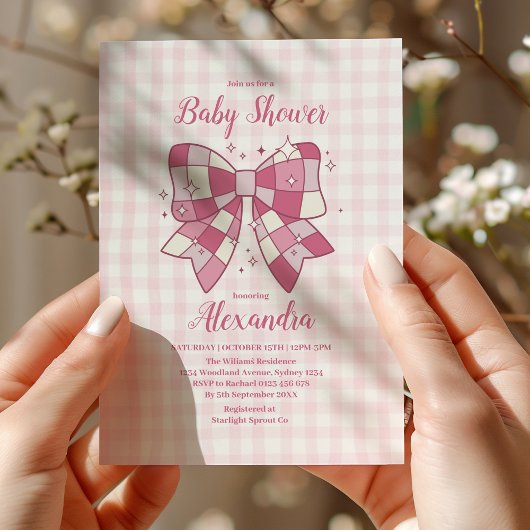 Retro Roze Bow Meisje Baby shower Kaart