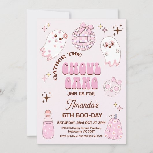 Retro Roze Bruin Halloween Ghoul Gang Verjaardag Kaart (Voorkant)