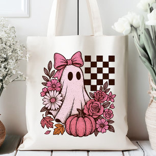 Retro Roze Coquette Geest Meisje met Strik Hallowe Tote Bag