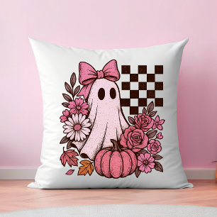 Retro Roze Coquette Ghost Girl met Boog Halloween Kussen