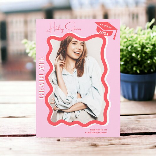 Retro roze curve kronkelen golvende foto afstudere aankondiging
