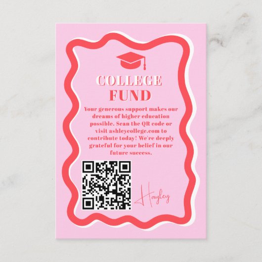 Retro roze curve squiggle wavy fund afstuderen informatiekaartje (Voorkant)