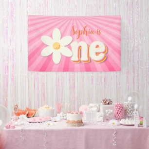 Retro Roze Daisy Eerste Verjaardag Banner   Boho F
