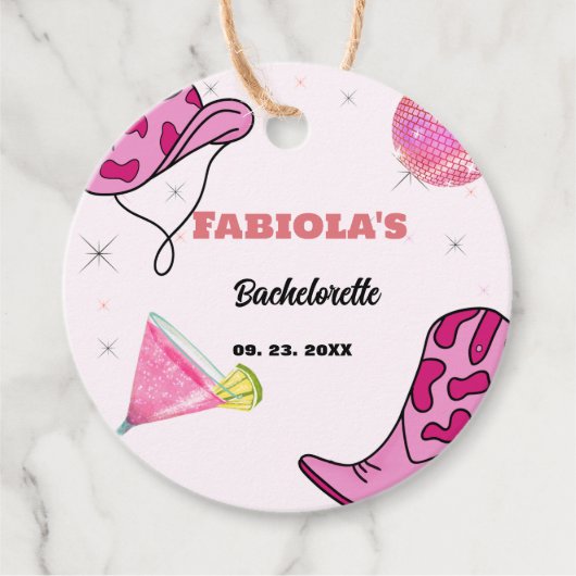 Retro Roze Disco Cowgirl Western Bachelorette Bedankjes Labels (Voorkant)