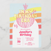 Retro roze discobal in mijn verjaardagstijdperk go folie uitnodiging (Voorkant)