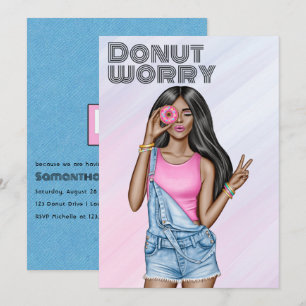 Retro Roze en Blauw Donut Meisje Verjaardagsfeest Kaart
