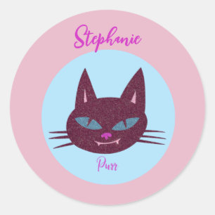 Retro Roze en Blauw Spinnend Kat Ronde Sticker