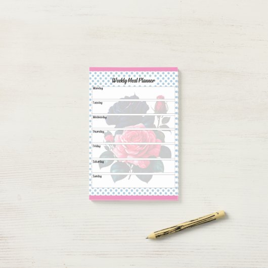 Retro Roze en Blauwe Rozen Wekelijkse Maaltijdplan Post-it® Notes (Op bureau)