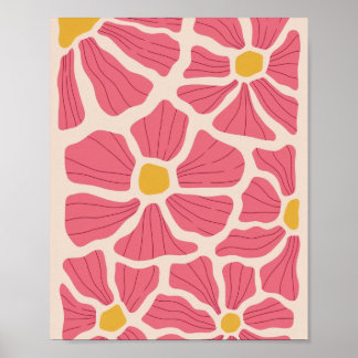 Retro roze en geel bloemenpatroon poster