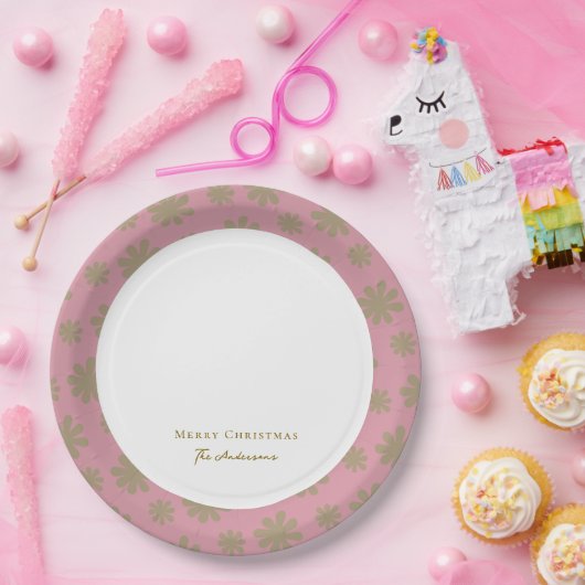 Retro Roze en Gouden Bloemen Vrolijk Kerstfeest Papieren Bordje (Feest)