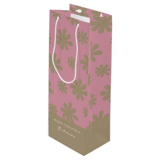Retro Roze en Gouden Bloemen Vrolijk Kerstfeest Wijn Cadeautas (Voorkant Gekanteld)
