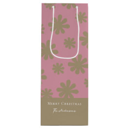Retro Roze en Gouden Bloemen Vrolijk Kerstfeest Wijn Cadeautas