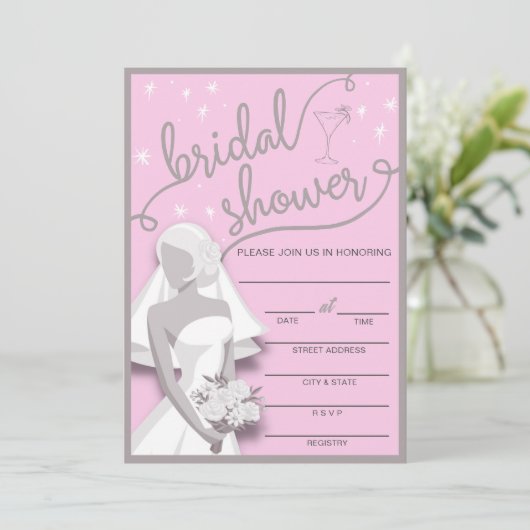 Retro roze en grijs vul in Bridal Shower Uitnodigi Kaart (Staand voorkant)