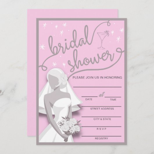 Retro roze en grijs vul in Bridal Shower Uitnodigi Kaart (Voorkant / Achterkant)