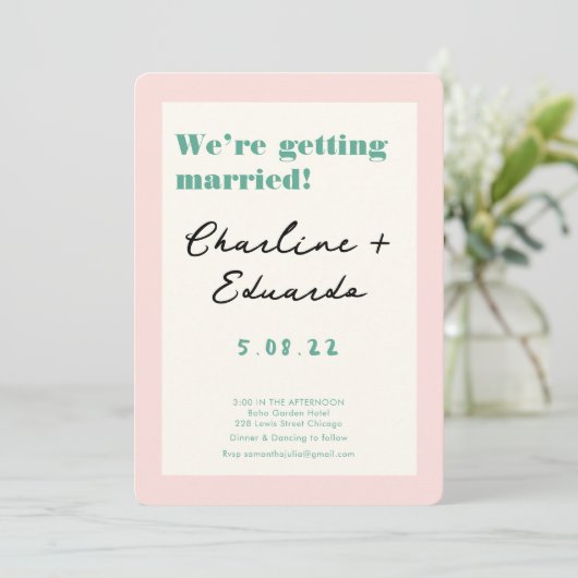 Retro Roze en Groen Handschrift Bruiloft Kaart (Staand voorkant)