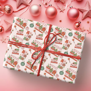 Retro Roze en Groene Kerstvreugde Cadeaupapier