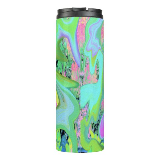 Retro Roze en lichtblauw vloeibaar art op hydrange Thermosbeker (Achterkant)