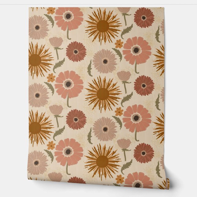 Retro Roze en Mosterd Bloemen Behang (Afrollen)