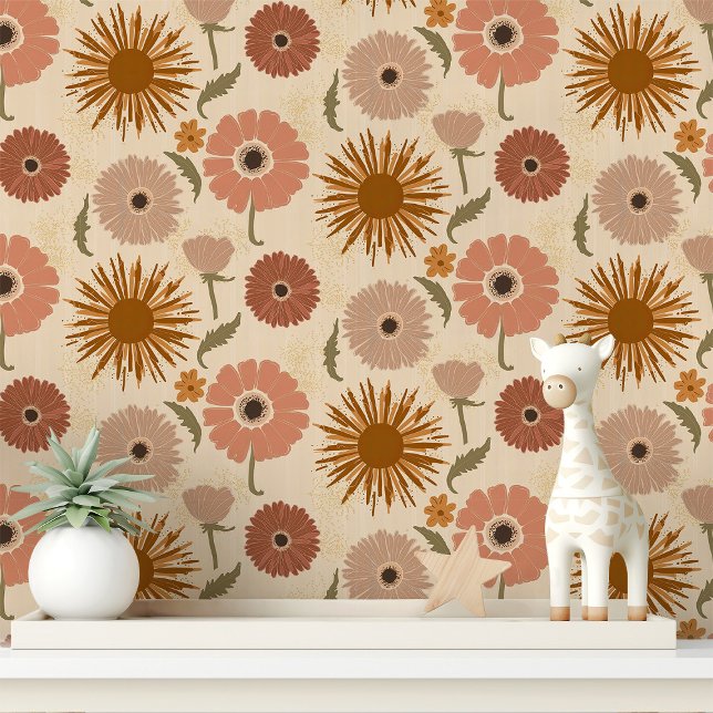 Retro Roze en Mosterd Bloemmotief Behang (Creator heeft geüpload)