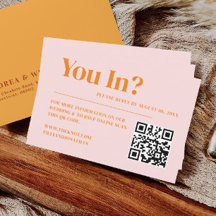 Retro Roze en Oranje bruiloft RSVP QR-code Informatiekaartje