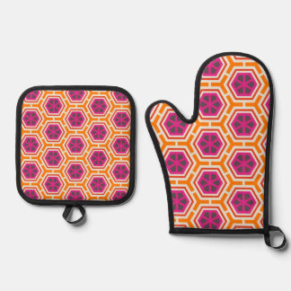 Retro roze en oranje modern geometrisch patroon ovenwant & pannenlap set