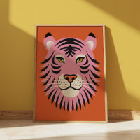 Retro Roze en Oranje Tijger Grote Kat Illustratie