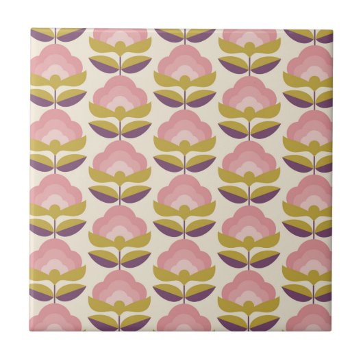 Retro Roze en Paarse Floral Pattern Tegeltje (Voorkant)