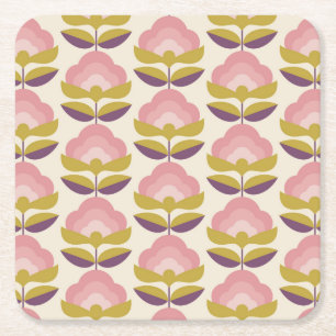Retro Roze en Paarse Floral Pattern Vierkante Kartonnen Onderzetter