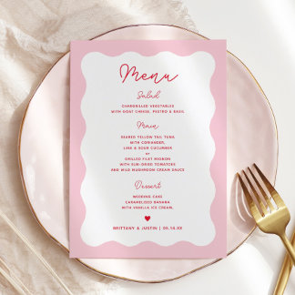 Retro roze en Red Modern Wavy Wedding Menu Kaarten