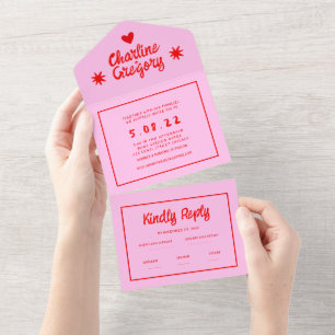 Retro Roze en Red Wavy Handwriting Wedding All In One Uitnodiging