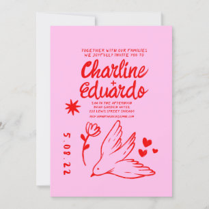 Retro Roze en Red Wavy Handwriting Wedding Kaart
