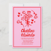 Retro Roze en Red Wavy Handwriting Wedding Kaart (Voorkant)