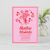 Retro Roze en Red Wavy Handwriting Wedding Kaart (Staand voorkant)