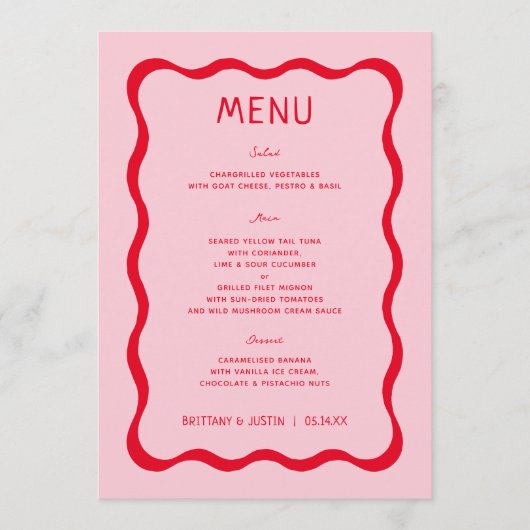 Retro roze en rode golvende bruidsshower menu kaar (Voorkant)