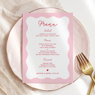 Retro roze en rode moderne golvende trouwmenu kaar menu