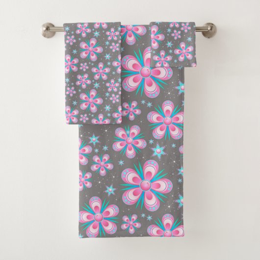 Retro roze en Turquoise Abstract ventilatorpatroon Bad Handdoek (Insitu)