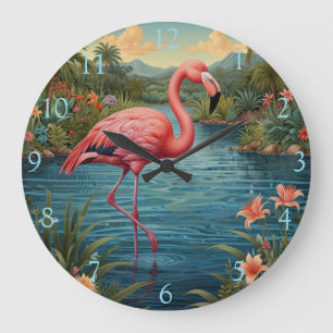 Retro roze flamingo grote klok