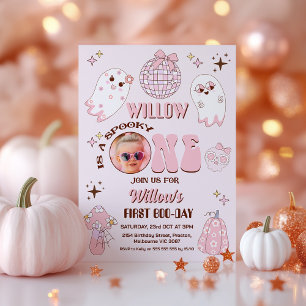 Retro Roze Foto Halloween Spooky One 1st Birthday Kaart