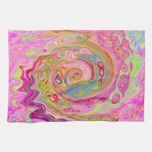 Retro Roze, Geel en Magenta Abstracte Groovy Art Theedoek (Horizontaal)