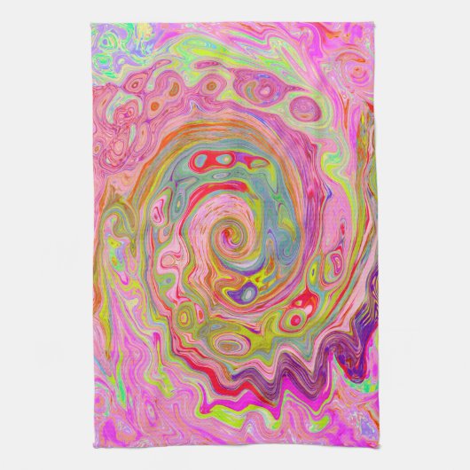 Retro Roze, Geel en Magenta Abstracte Groovy Art Theedoek (Verticaal)