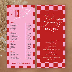 Retro Roze Geruite Haar Make-up Salon Prijzenlijst Reclamekaart