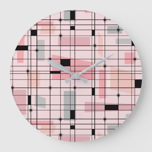 Retro Roze Grid en Starbursts Ronde Wandklok Grote Klok (Voorkant)